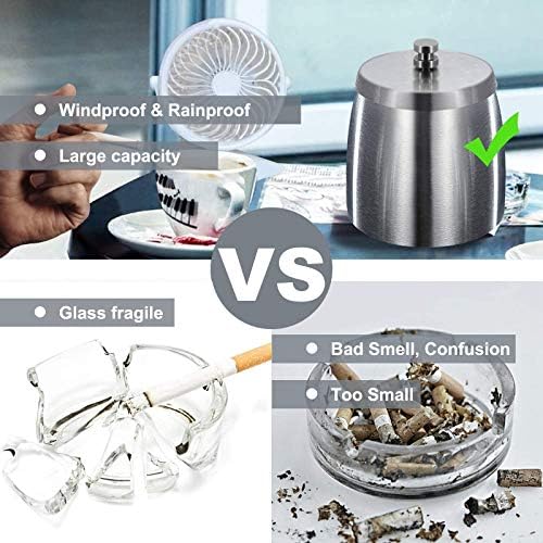 HONZUEN Stainless Steel Ashtray with Lid, Ashtray Outdoor, Windproof Rainproof Ashtrays for Cigarettes, Metal Ash Trays with Lids Outdoors, Easy to Clean, Ash Holder for Smokers Garden Bar, Medium