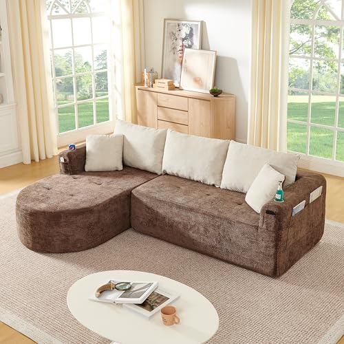 Yihomfy 255cm Canapé d'angle en Forme de L, Canapé Modulable 3 Places avec Méridienne à Gauche et 2 Coussins, Poches Latérales et Porte‑Gobelets, Tissu...