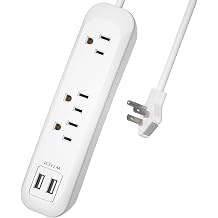 Flat Plug Power Strip with USB, Surge Protector with Extension Cord, 3 Outlets 2 USB Ports 2.4A, Mountable Power Strip for Home 1250W/10A, SGS Listed 12FT Extension Cords, White 950
