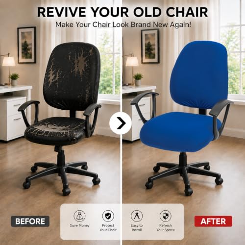 Image of Super Stretchable Desk Office Chair Seat Covers - Universal Spandex Computer Chair Slipcover - 180GSM Washable Rotating Backrest Coverings & Cushion Protectors for Dogs, Cats, Pets