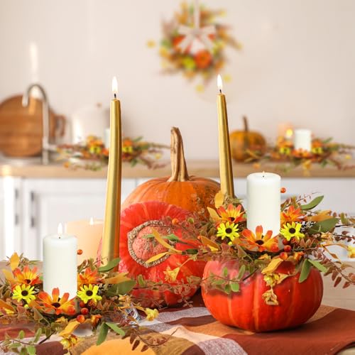 Image of 4 Pcs 3 Inch Fall Daisy Candle Rings Thanksgiving Table Centerpieces Mini Artificial Candle Rings Autumn Daisy Wreaths Cabinets Farmhouse Autumn Wreath for Indoor Front Door Wall Window Decorations