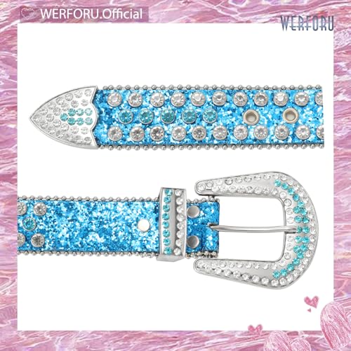 Image of WERFORU Women Men Western Rhinestone Studded Leather Belt Unisex Bling Cowgirl Cowboy Waist Belt for Jeans Pants Dress