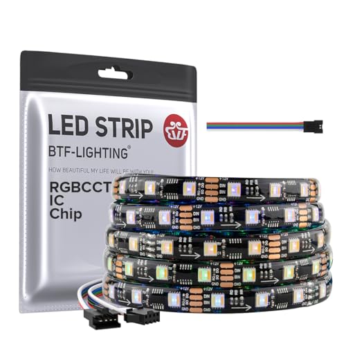 Image of BTF-LIGHTING WS2805 IC RGBCCT Addressable Dual Data LED Strip 5050SMD 16.4FT 60LED /m 20Pixel /m,UL Listed,5 Colors in 1 Chasing Color RGB+CCT 3000K-6500K IP65 DC12V(No Adapter or Controller)