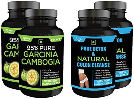 Perennial Lifesciences Pure Detox and Natural Colon Cleanse Laxative Supplement for Liver Detox and Weight Loss with Pure Garcinia Cambogia 95% HCA, 4 x 60 Veg Capsules (Combo Pack of 4)