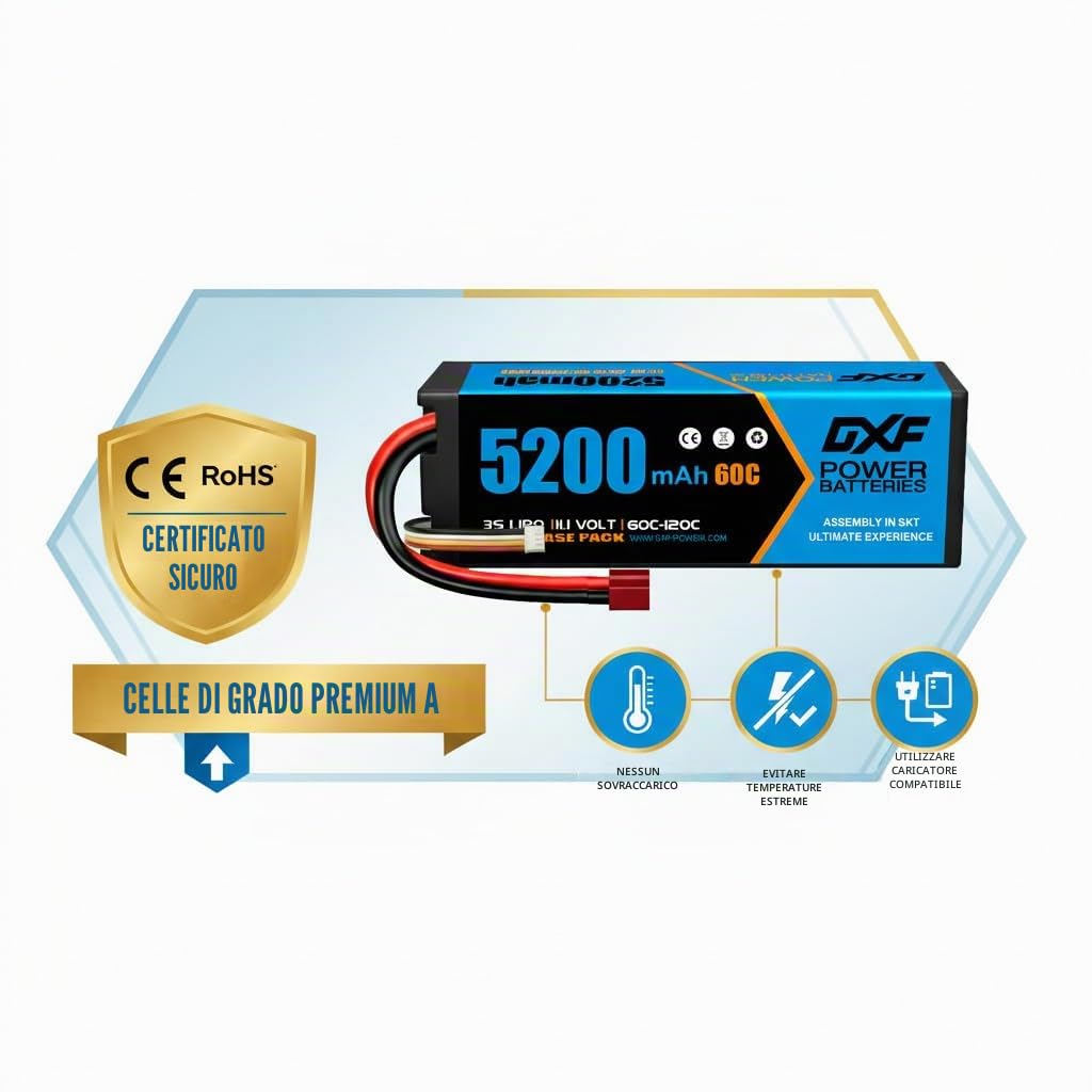 DXF Confezione da 2 confezioni da 3 batterie lipo 5200 mAh, 11,1 V, 60C, con spina Deans/T– lipo 3s perfetto per auto rc, aereo, elicottero, camion 3s lipo ideale per veicoli 1/8 e 1/10 come Tamiya