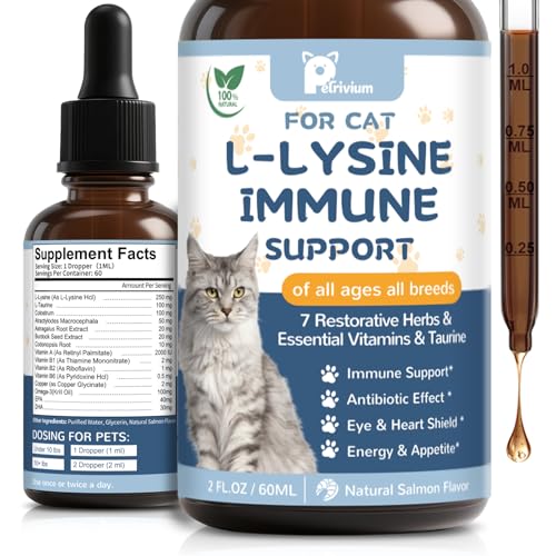 L-Lysine Supplement for Cats - Vitamins & Taurine for Immune Support & Allergy Relief - Lysine for Respiratory Sneezing Runny Nose Eye Function - Natural Cat Antibiotic Drops - 60ML Slamon Flavor