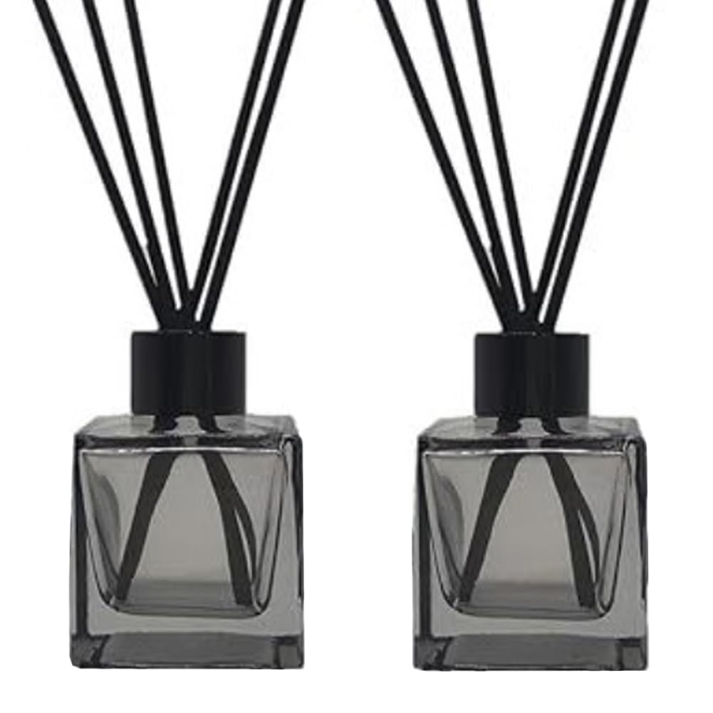 VANTOBEST 2PCS 50ml/1.7oz Glass Diffuser Bottle Jar Empty Square-Shaped Glass Fragrance Bottle Container Fragrance Accessories DIY Replacement Diffuser Sticks Decor (Grey)