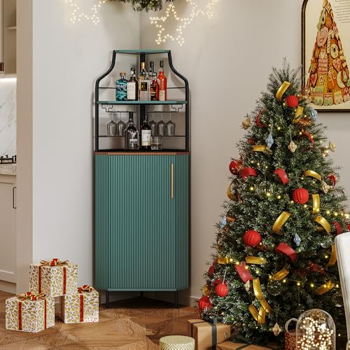 Image of ARTPOWER Corner Bar Cabinet with LED Strip, 4-Tiers Liquor Cabinet, Green