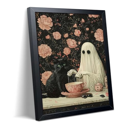 wanyun Halloween Ghost and Black Cat Wall Art Framed, Gothic Canvas Print Picture Artwork Poster, Spooky Cottagecore Wall Decor Painting for Bedroom Living Room Apartment Home Deocr 8x10 Inch
