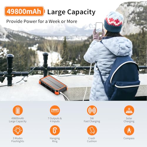 Image of Solar Charger Power Bank 49800mAh Wireless Charger QC 3.0 Fast Charging Power Bank 8 Outputs 4 Inputs Solar Portable Charger Compatible with All Mobile Devices,SOS /Strobe /Strong Flashlights (Orange)