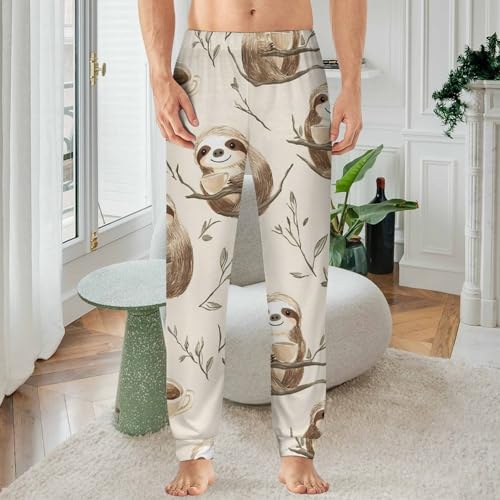 Sloth Drinking Coffee On Branches Men's Pajama Bottoms Sleep Lounge Soft Comfy Pants Sleepwear2