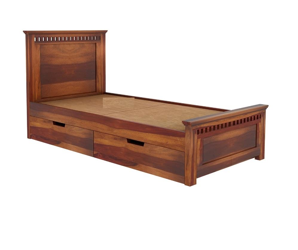 Image of Solid Sheesham Wood Single Size Bed with Drawer Storage | Single Size Cot Bed Wooden with Storage Headboard for Living Room, Bedroom | Teak Brown Finish