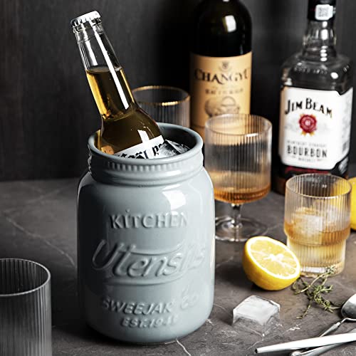 Sweejar Kitchen Utensil Holder With Embossed Style, 6.3" Porcelain Utensil Crock To Hold Spatulas For Cooking Countertop, Farmhouse Style Kitchen Decor (Grey) #TOP5