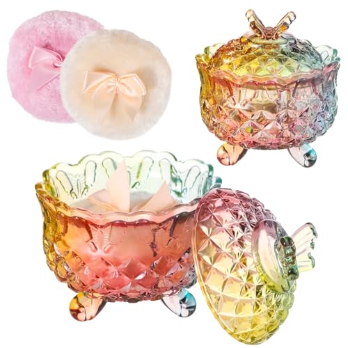 yeeplant Juego de 3 recipientes de vidrio coloridos con tapas, elegante tarro de polvo para aplicación de polvo corporal