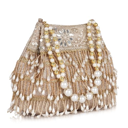 Image of Nevis PU Silk Women's Pearl & Bead Embellished Potli Bag with Beaded Handle | Designe Wedding & Festive Handbag