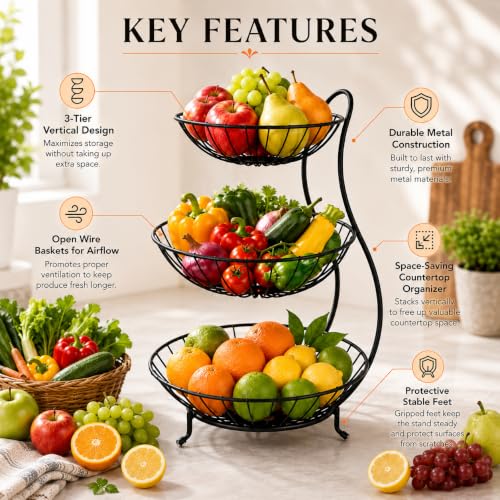 Image of Homeor Counter Top 3-TierFruit & Vegetable Basket For Dining Table, Centre Table I Metal Fruit Bowl or Bread Basket Vegetables Storage Organizer Holder I Multi-Purpose Basket for Kitchen & Home, Black