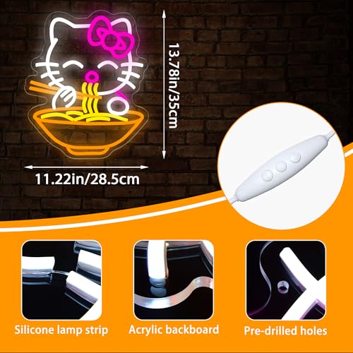 Image of Ramen Cat Neon Sign for Wall Decor Cute Dimmable Neon Light for Bedroom Living Room Kitchen Bar Man Cave Cartoon LED Light Cat Noodle Decor Gift for Cat Lovers Anime Fans Home Party Lighting Size 11.2*13.7(CP011)