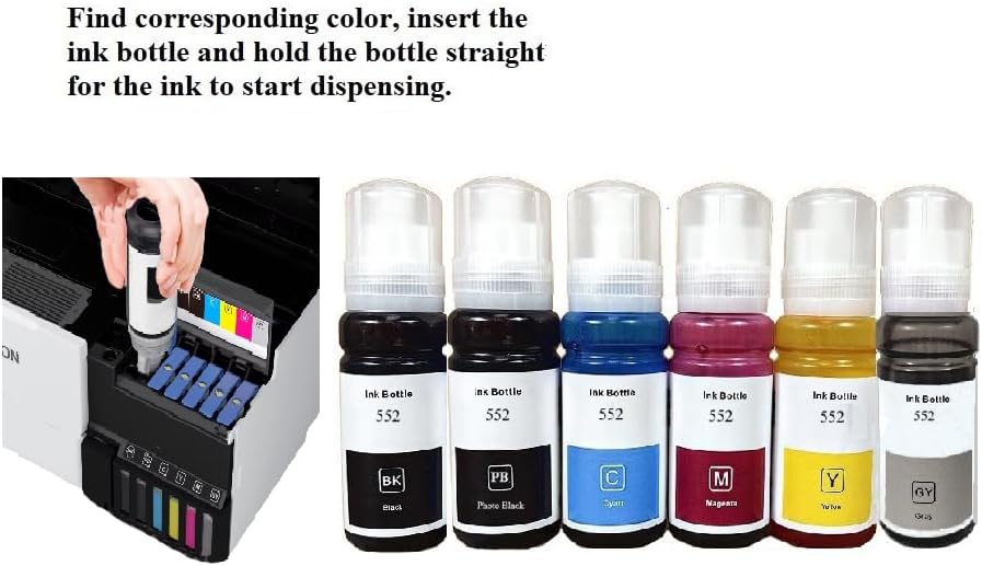 Vivid Colors VC Compatible Ink Refill Bottle 6 Color Set for T552 552 Refill Ink for ET-8500 ET-8550 (Black, Photo Black, Cyan, Magenta, Yellow, Gray)