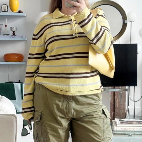 Womens Fall Winter Knit Tops Loose Fit Casual Striped Ribbed Trim Long Sleeve Sweatshirt Sweater Blouse Streetwear4