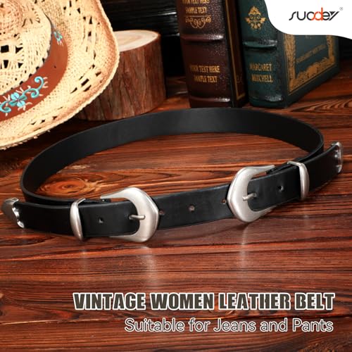SUOSDEY Western Belts for Women Vintage Leather Belt for Jeans, Cowgirl Belt Double Buckle Dress Waist Belt4