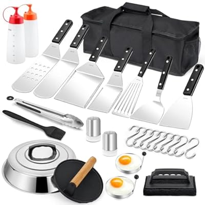 Leonyo Griddle Accessories Kit, 29PCS Flat Top Grill Accessories, 18/10 Stainless Steel Grill Spatula Set with Griddle Scraper, Basting Cover, Burger Press, Hibachi Accessories for Outdoor BBQ