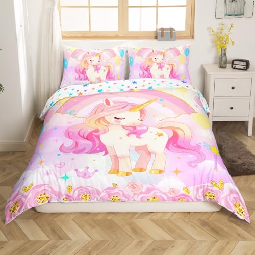 Cute Unicorn Kids Full Size Duvet Cover Set,Kawaii Horse Unicorn Stars Reversible Comforter Cover with 2 Pillowcases,Pink Rainbow Floral Galaxy Cartoon Animal Breathable Bedding Set (Not Comforter)