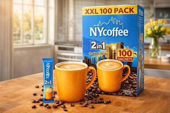 NY 2in1 Coffee Instant White Coffee Sachets 100 Pack – Smooth Coffee & Creamer Mix Sticks – Individual Single Serve Sachets for Home, Office, Travel & On-The-Go