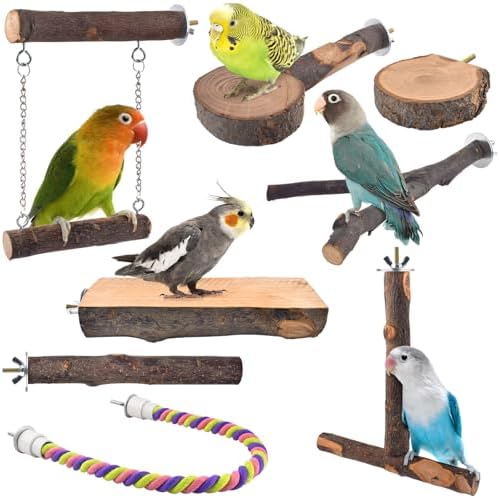 Bird Perches, 8pcs Natural Wood Parrot Perch Stand Chewing Toys C...