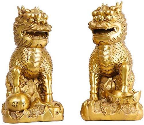 Estatua de latón de Feng Shui Chi Lin Kylin, Estatua de Feng Shui de Buena Suerte y Riqueza, Figura de Regalo para decoración del hogar de la Suerte, Oro, 12,9 Pulgadas