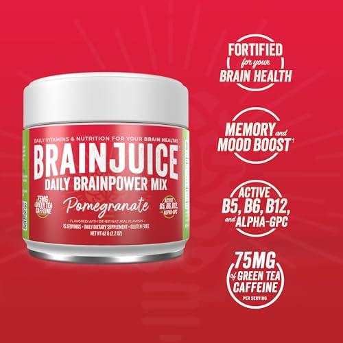 Image of BrainJuice Nootropics Brain Support Supplement, Gluten Free Powder for Energy and Focus, Drink Mix with L Theanine, Alpha GPC, Vitamin B, Organic Green Tea Extract (Pomegranate)
