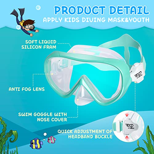 Kids Swim Mask 180° Snorkel Diving Mask, Anti-Fog Child Swim Goggles With Nose Cover No-Leak Swimming Goggles Anti-Shattered Lens For Youth 4-15 (Green) #TOP3