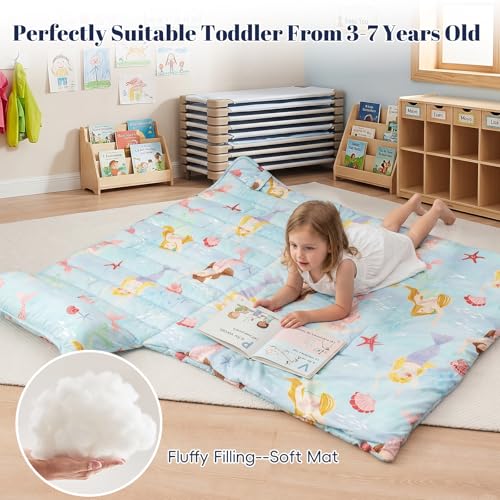 Image of PHF Soft Toddler Nap Mat with Removable Pillow, Rollup Design Kids Sleeping Mat, Slumber Bags for Girls, 55 inchx23 inch Toddler Sleeping Bag for Daycare Preschool Travel Camping, Mermaid & Sea