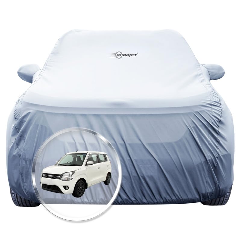 Image of NEODRIFT 'SilverTech' Car Cover for Maruti Suzuki WagonR (Precision-Fit & Breathable Fabric, 100% Water-Resistant, All Weather Protection, Tailored Fit) (Colour: Silver) (Model: 2011-2018)