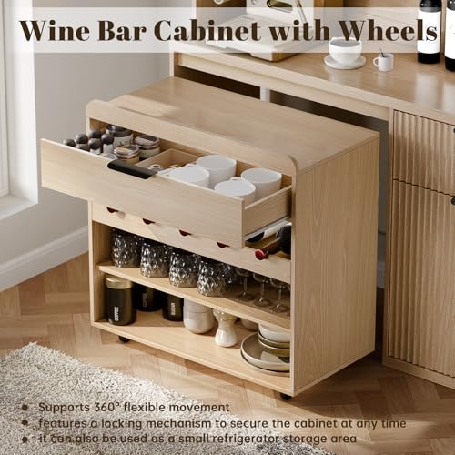 71\" Tall Pantry Cabinet with Wine Cabinet Cart, Kitchen Storage Cabinets with LED Light & Charging Station, Kitchen Hutch with Microwave Stand, Freestanding Food Pantry with for Dining Room, Natural