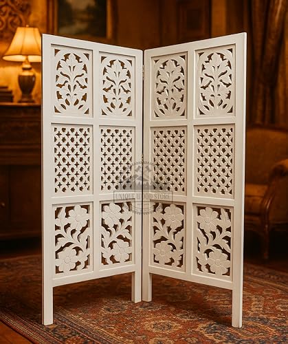 Image of Wooden Room Divider Screen, Carved,Decorative Handcrafted Privacy Screen Separator Wall Divider | Folding Partition with Floral & Jaali Design (White, 4ft-2 Panel White)