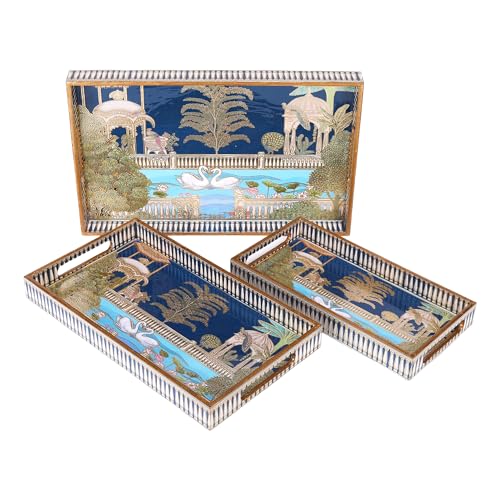 Image of Rectangular Wooden MDF Serving Trays Set of 3 (16x10, 14x8, 12x6 Inches) - Enamelled Finish with Easy-Grip Handles, Perfect for Dining, Tea, Snacks & Home Decor (Swan Tray)