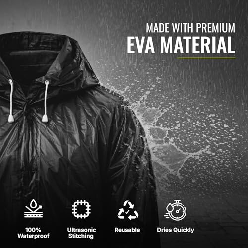 Image of Robustt EVA Reusable Raincoat with Hood (Black) - Pack of 1 | Elasticated Full Sleeves Outdoor Waterproof Raincoat for Men & Women | Rainwear | Button Closure | Knee Length | Universal Fit