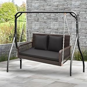 Tangkula wicker outdoor porch swing 800 lbs capacity outdoor swing bench with hanging chains back and seat cushions 2 seater hanging patio bench for deck garden yard black  urban country home decor