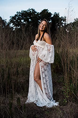 Saslax Lace Off Shoulder Doubly Split A-Line Skirt Maternity Dress Soft Stretchy Pregnancy Prop Maxi Gown For Photoshoot White Small #TOP3