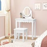 Kids Vanity Set - Little Girls 2 in 1 Wooden Makeup Desk With Mirror, Stool, Detachable Top & Drawer - Princess Dressing Table for Toddlers, White