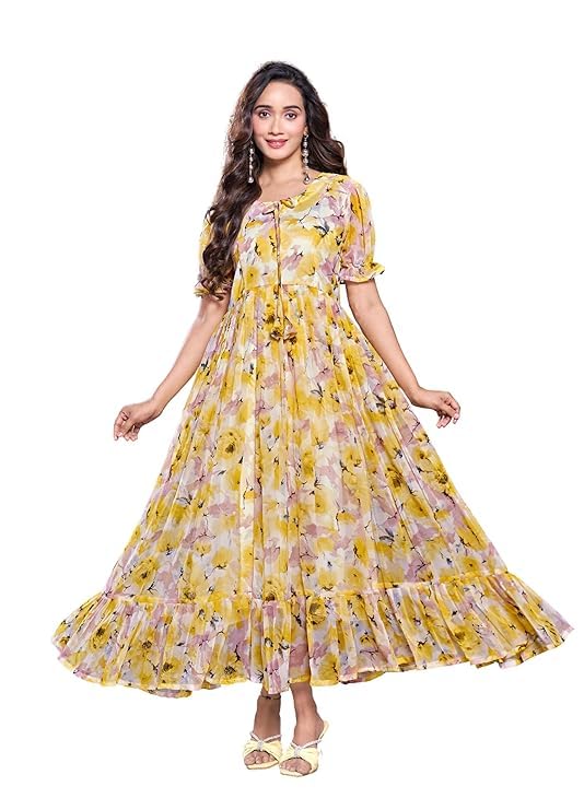 madhav weaves Women's Short Sleeves Round Neck Flower Printed Long Anarkali Gown Dress-picture-34