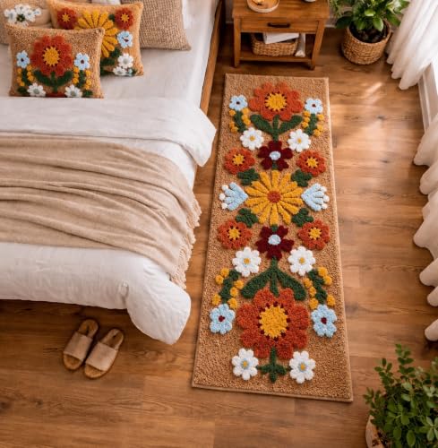 Image of Roseate Tan Daisy Super Soft (50x125 cm) Microfibre 2000 GSM Anti Skid Runner for Bedroom /Carpets for Living Room /Kitchen Mats for Floor /Floor Mat /Bathroom Mat /Rug