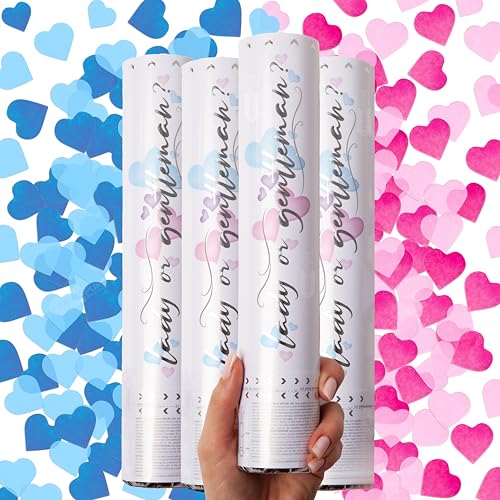 PrimePure Gender Reveal Confetti Cannon Biodegradable Blue & Pink Hearts 4 Pack