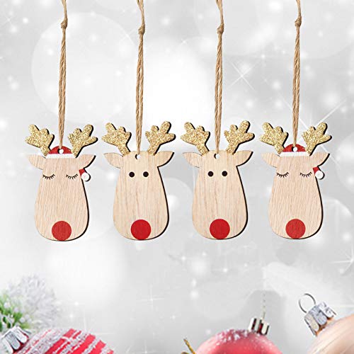KOHMUI Holz Weihnachtsdeko Anhänger Set, Christbaumschmuck Weihnachtsbaumschmuck, Baumschmuck zum Hängen, 24 Christbaum Hirschkopf Rentier Weihnachtssnhänger mit 18 Frohe Weihnachten Aufkleber - Image 6