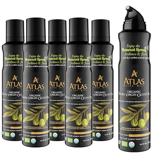 Image of Olive Oil Spray by Atlas, Dual Function Olive Oil Cooking Spray and Stream, 5.4 fl oz, 6 Pack, Extra Virgin, Non Stick, Cold Pressed, Polyphenol Rich, Organic Moroccan EVOO, Hydroxytyrosol, Keto