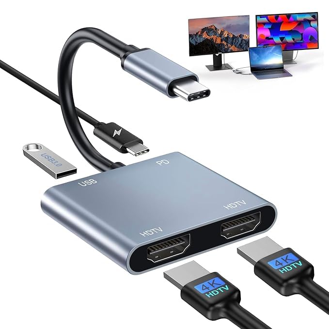 USB C to Dual HDMI Adapter, 4K 60Hz Type C HDMI Splitter with USB 3.0, 100W Fast Charging, Compatible with MacBook, Dell, Lenovo USB-C Laptops-picture-52