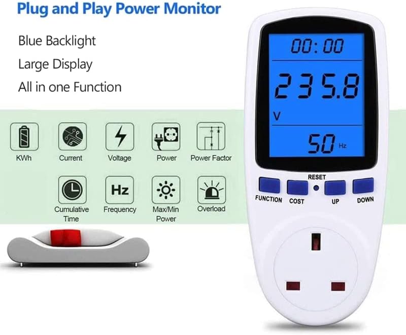 Power Meter Plug Monitor Backlight LCD Display Electricity Usage Monitor Consumption Analyzer Voltage Amps UK Plug