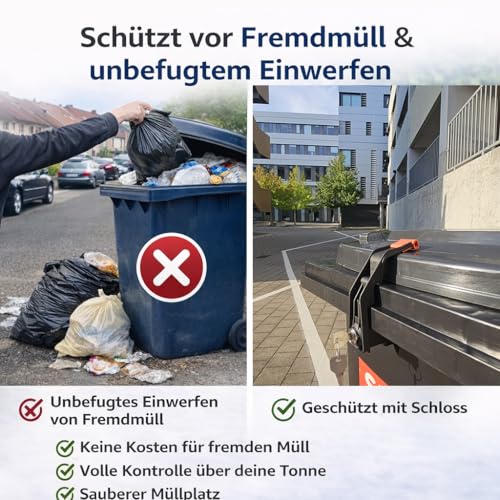 Mülleimerschloss TrashGuard – abschließbar & ohne Bohren montierbar – schützt vor Fremdmüll & Tieren – passend für Mülltonnen 60–360L mit seitlichen Deckel-Griffleisten