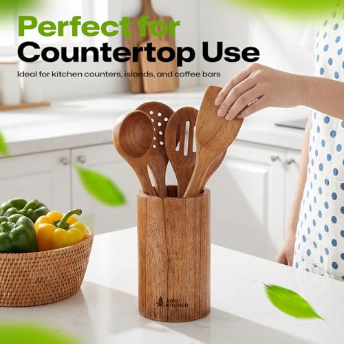 AIUHI Wood Utensil Holder for Kitchen Counter, Wooden Utensil Crock, Kitchen Utensil Organizer, 5.9"x 3.5" Large Spatula and Spoon Holders - Image 6