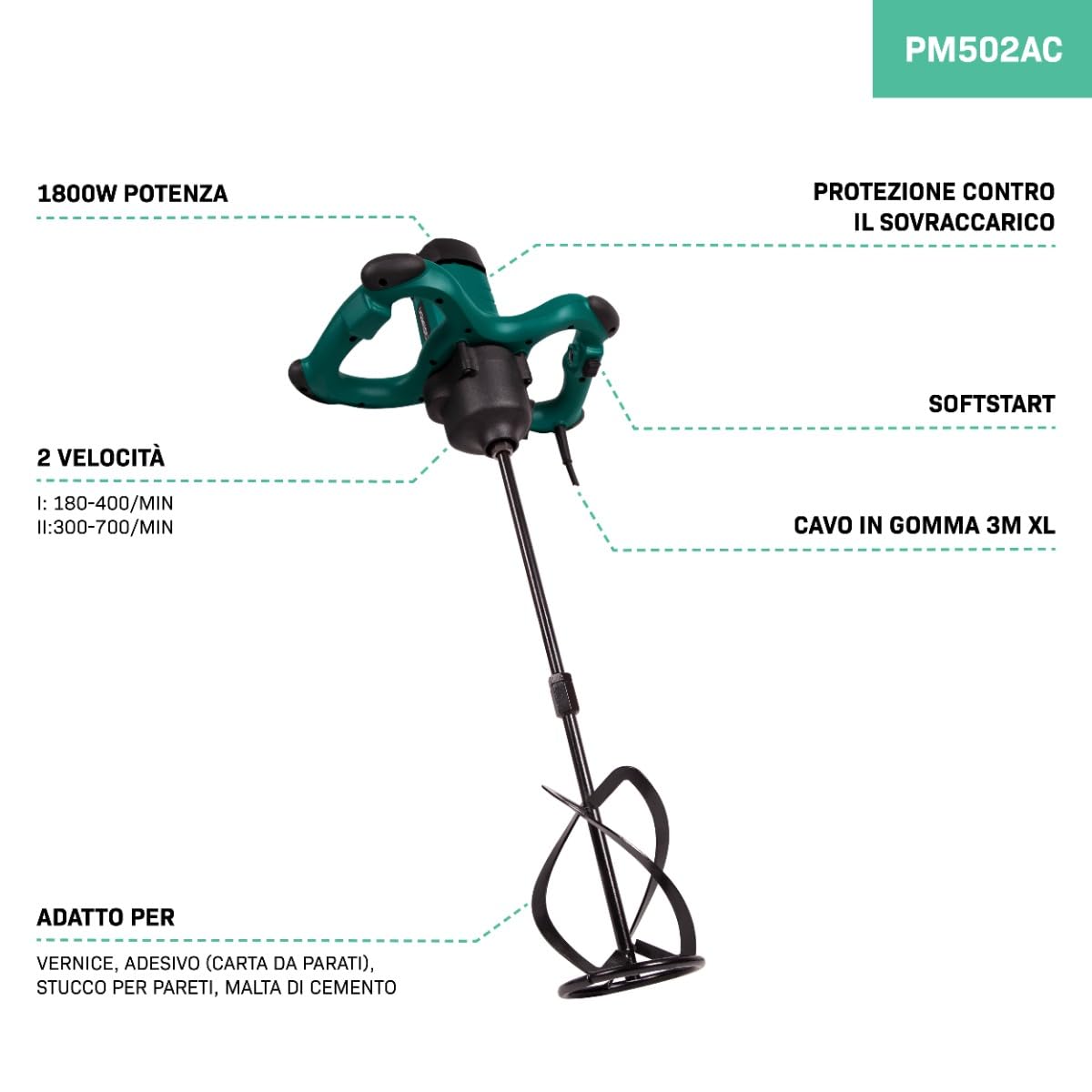 VONROC Miscelatore per malta cemento vernice e calcestruzzo 1800 W - 2 velocità - Avvio graduale (Soft start) - Cavo in gomma da 3 M - Frusta 140x600 mm incluso